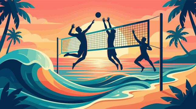 Stylized vector illustration of silhouettes playing beach volleyball at sunset. Perfect for summer sports, travel promotions, or active lifestyle themes.