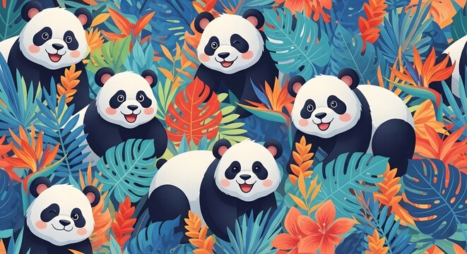 Seamless pattern of cute smiling pandas surrounded by vibrant tropical leaves, orange flowers, and lush jungle foliage