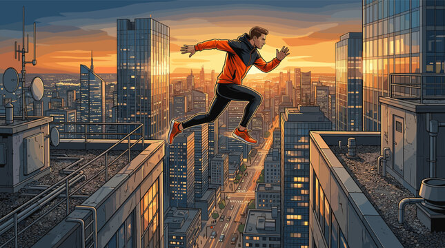 Comic illustration of a man doing parkour, jumping between rooftops against a sunset city skyline. Dynamic concept of challenge, freedom, ambition, and overcoming obstacles.