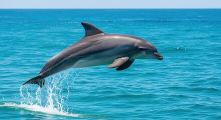 Fototapeta premium Sleek Bottlenose Dolphin Gracefully Leaping From Vibrant Blue Ocean Surface