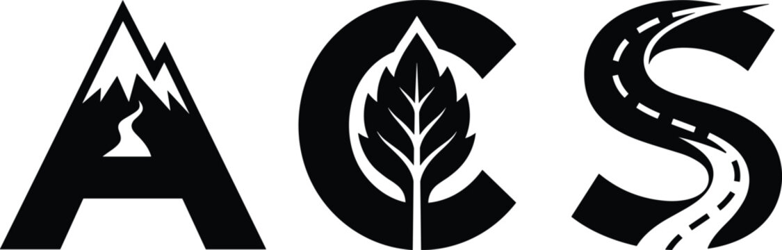 Black and white ACS letter logo featuring mountain peaks a green leaf and winding road icons for environment and travel branding