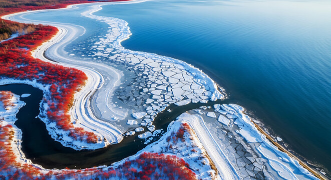 Winding Frozen Coastline with Fiery Spring Forest Aerial Perspective