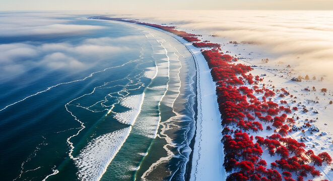 Vertical Aerial Coastline with Icy Ocean and Vibrant Spring Red Trees