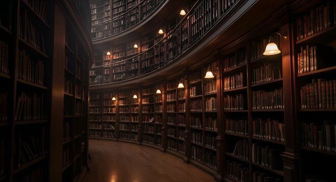 Vintage library interior with curved bookshelves filled with old books, warm lighting.