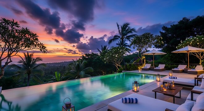 Luxurious infinity pool at a tropical resort overlooking the ocean during a vibrant sunset with lounge chairs and palm trees.