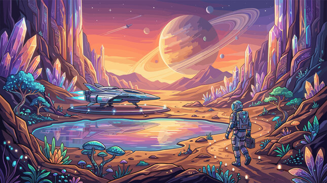 An astronaut explores a vibrant alien world with glowing crystals, a futuristic spaceship, and a ringed planet in the sky. Perfect for sci-fi, fantasy, and adventure concepts.