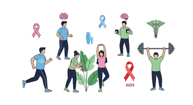 People exercising with awareness ribbons nearby.