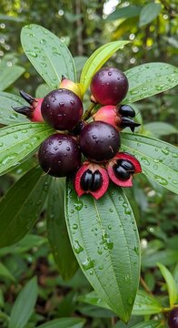 Close-up of vibrant purple berries on a green plant.