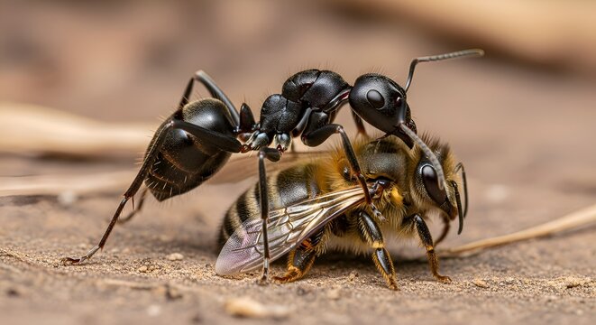 Ant attacking bee on the ground, close-up macro shot, nature wildlife