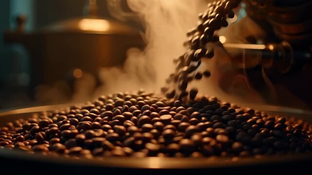 Coffee roasting beans tumbling in vintage drum roaster with steam, bokeh warm dark roastery background