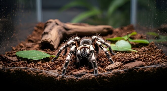 Tarantula Spider in Terrarium Habitat with Wood and Green Leaves