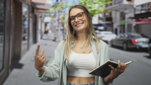 Woman holding a book and pointing to her chest while smiling and showing bare midriff on a busy city street with parked cars and storefronts; learning joy.