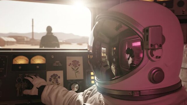 Close-up of astronaut with glowing heart symbol in space capsule