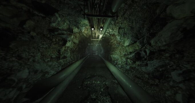 vertical maintenance shaft with metal ladder and rusty rails, narrow descent into damp stone chamber, support brackets and corroded fittings, traces of safety