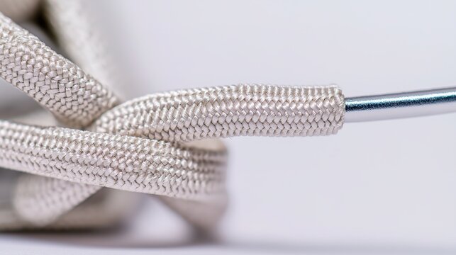 osmium. Polished metal aglet at the end of a white shoelace with metallic texture. lifestyle magazines, social media lookbooks, designed for lifestyle magazines and social media content.
