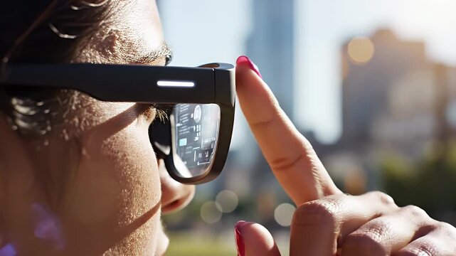 Woman Interacting with Smart Glasses in Urban Environment.
