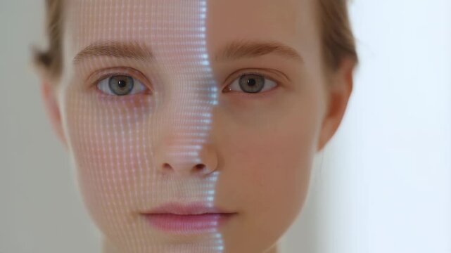 AI face scanning young caucasian woman front view with digital grid overlay on face clean white background biometric identification concept