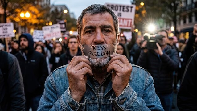 Man Holding Sign Over Mouth at Protest: A protester stands with a sign taped over his mouth that reads PRESS FREEDOM, highlighting the importance of free speech and the right to report news.
