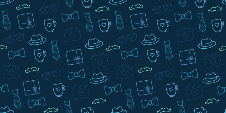 Father&rsquo;s Day Seamless Pattern with Line Icons &ndash; Tie, Hat, Mug, Gift, Mustache on Dark Background