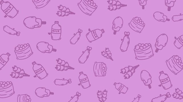 Seamless looping sweet food doodle pattern animation on pink background with milk bottles, popsicles, grapes, cake, and candy. Perfect for dessert, kids, cafe, and playful video content.