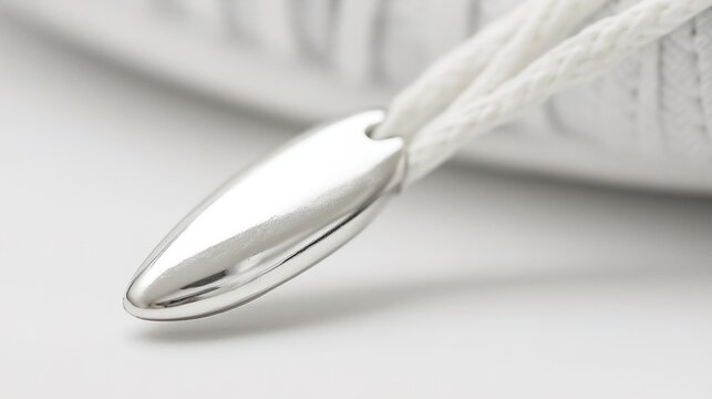 osmium. Polished metal aglet at the end of a white shoelace with metallic texture. lifestyle magazines, social media lookbooks, designed for lifestyle magazines and social media content.