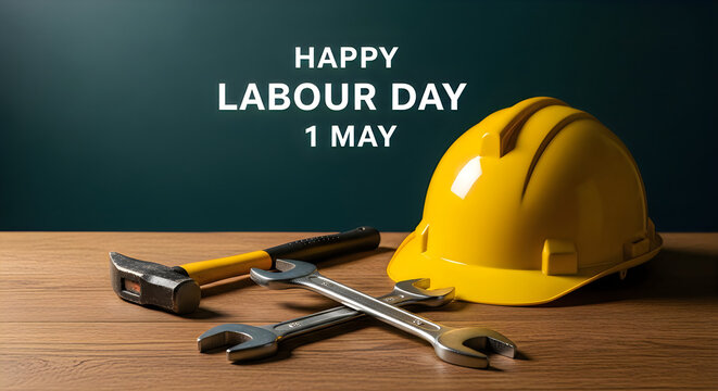 Labour Day tools with hard hat and wrenches on wooden table