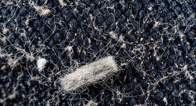 Close-up of lint and fuzz on a dark textured fabric surface.