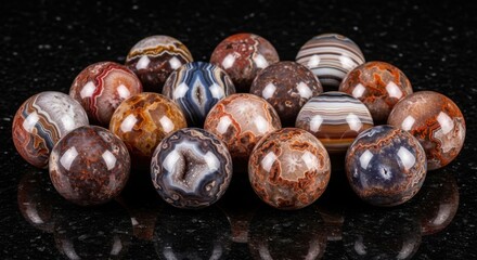 Obraz premium Array of polished spherical agate gemstones showcasing intricate natural patterns and earthy colors