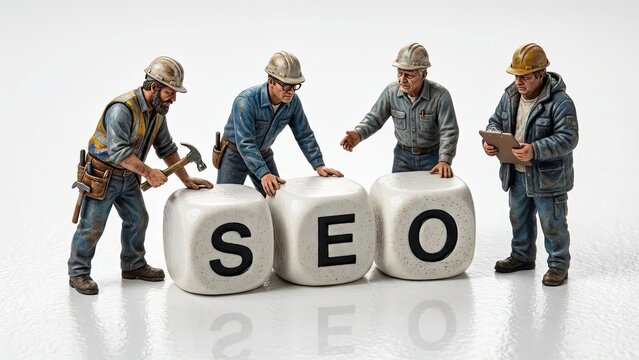SEO Building Blocks: Miniature construction workers meticulously arrange cubes spelling SEO, symbolizing the foundational elements of search engine optimization in a conceptual business strategy.