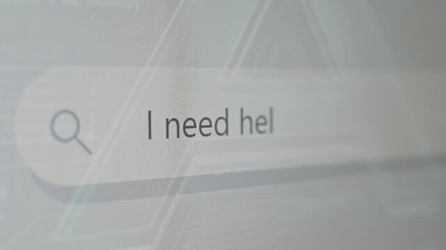 A user hesitantly types the query "I need help" into the search bar, but then deletes the query