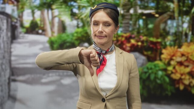 Woman flight attendant in beige blazer and scarf shows thumbs down with thumb visible in studio; service disapproval.