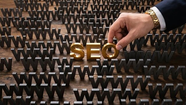 Seo Strategy: A businessman's hand carefully places the golden 'SEO' letters amidst a sea of black 'W's, symbolizing the crucial role of search engine optimization in the digital landscape.