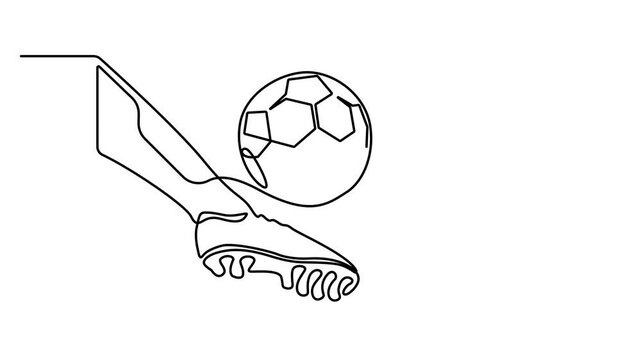 Animated self drawing of continuous line draw football shoes, ball. Football icon, Leg kick a ball during the game sport. Full length one line animation video