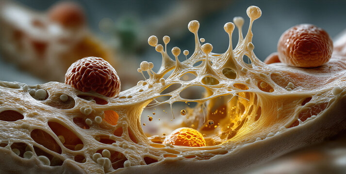 Bioluminescent cellular matrix highlighting complex porous structures and filaments
