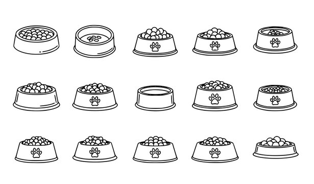 Dog Food Bowl Outline Icon Set Pet Kibble Paw Vector Collection