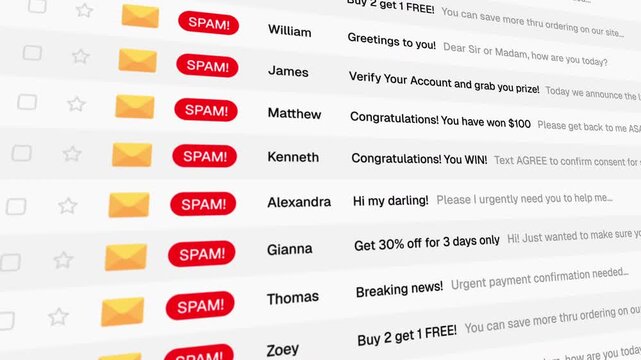 Email inbox filled with spam messages marked as dangerous. Concept of spam, phishing, cyber threats, fraud and digital security in online communication