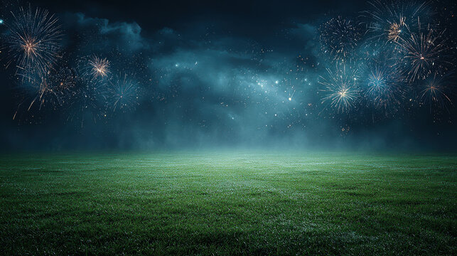 Celebratory Sky: Captivating fireworks light up a serene night, casting vibrant colors against a backdrop of a tranquil field.
