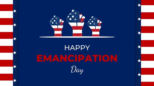 Happy Emancipation Day Juneteenth Celebration Background. American Freedom, Solidarity, and USA Flag Fists Animation.