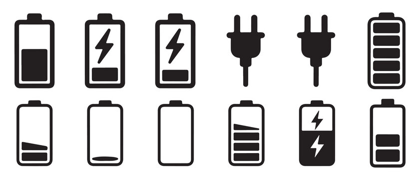  Battery charging icons with lightning bolt and power plug symbols. vector illustration eps 10