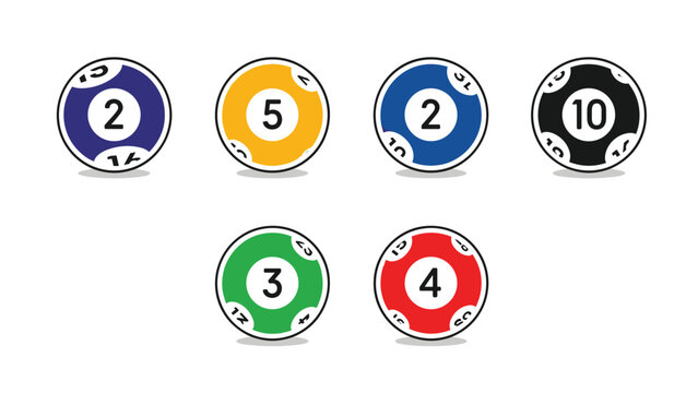 Set of six colorful lottery balls with numbers on a white background is designed for games of chance and random selection concepts.