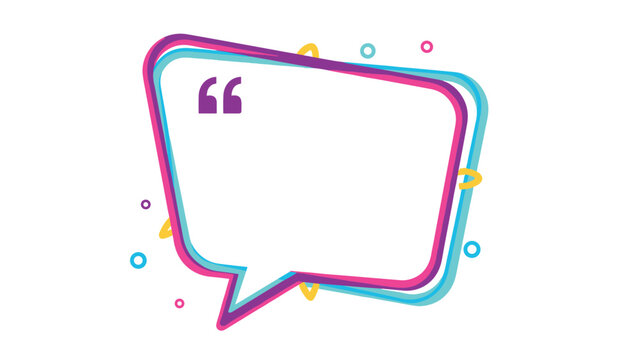 Colorful layered geometric speech bubble with purple quotation marks is set against a background of small circles and yellow sparks.