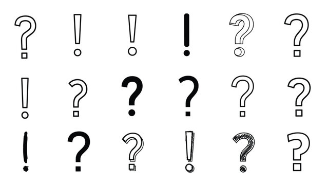 Grid of question marks and exclamation points in various hand drawn styles provides a diverse set of punctuation icons for design projects.
