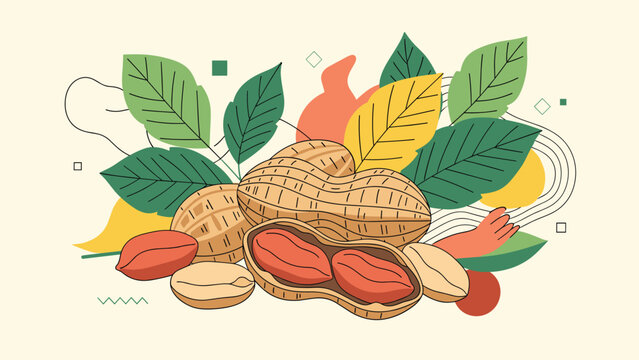Illustration of peanuts in shells and out is surrounded by green and yellow leaves and abstract geometric shapes on a light beige background.