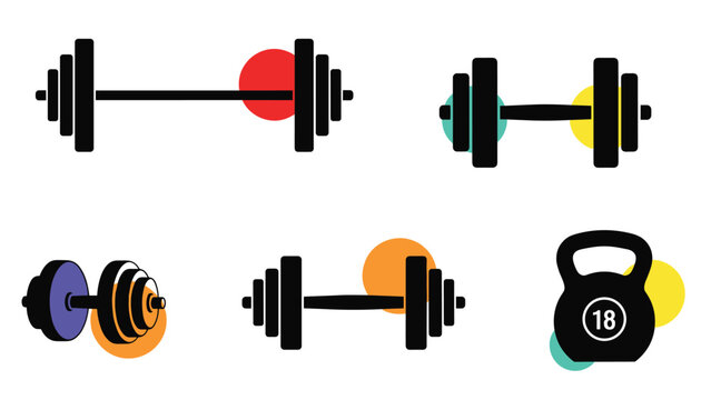Set of fitness weights including barbells and dumbbells with colorful circle accents in blue red yellow and orange.