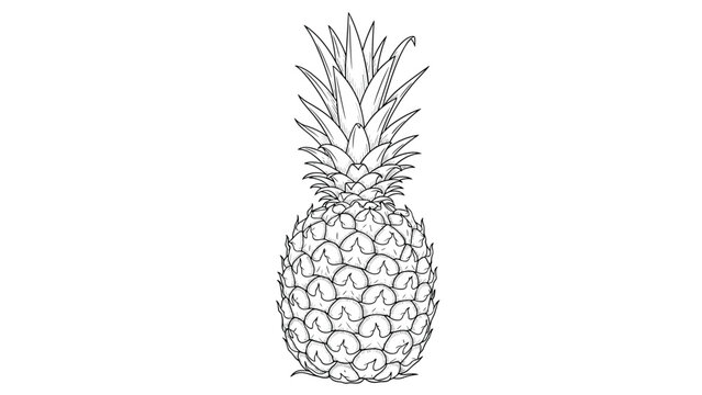 Detailed black and white line drawing of a whole pineapple fruit with its leafy crown on a clean white background.