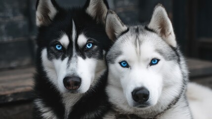 Obraz premium Two siberian huskies with striking blue eyes