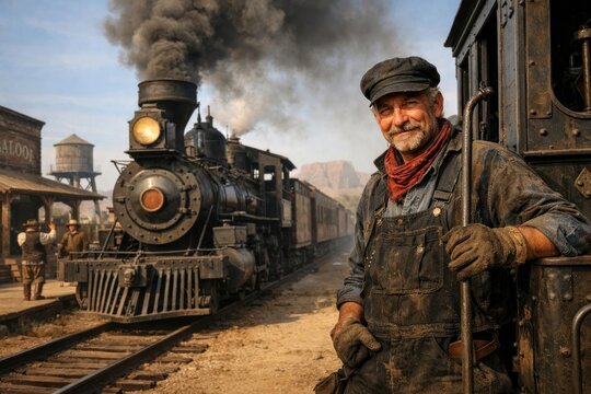 Vintage steam train engineer portrait