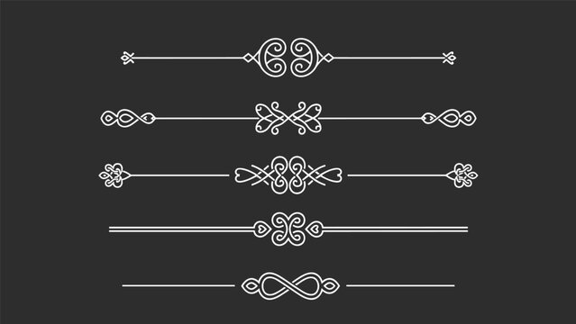 Set of five elegant white calligraphic dividers with central ornamental motifs isolated on a solid dark gray background.