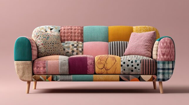 Colorful patchwork sofa on a pink background