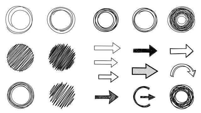 Set of hand-drawn scribbled circles and various styles of arrows in black ink isolated on a white background for design elements.